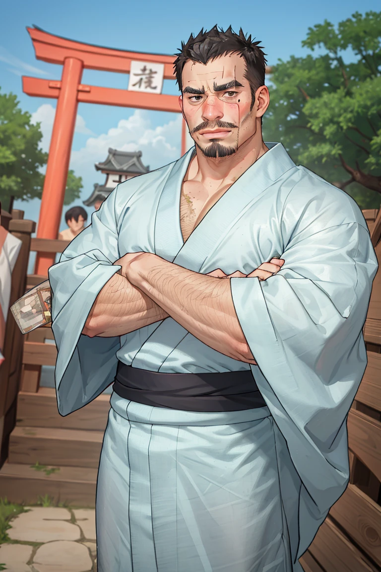 solo male, GÅzaburÅ Seto, My Bride is a Mermaid, Japanese, short hair, black hair, black eyes, facial hair, thick eyebrows, scar on face, scar on nose, scar across eye, sideburns, yukata, japanese sandals, mature, handsome, charming, alluring, blush, drunk, standing, arm crossed, upper body, outdoor, japanese shrine, torii, perfect anatomy, perfect proportions, best quality, masterpiece, high_resolution, dutch angle, cowboy shot, photo background<lora:EMS-325212-EMS:0.800000>