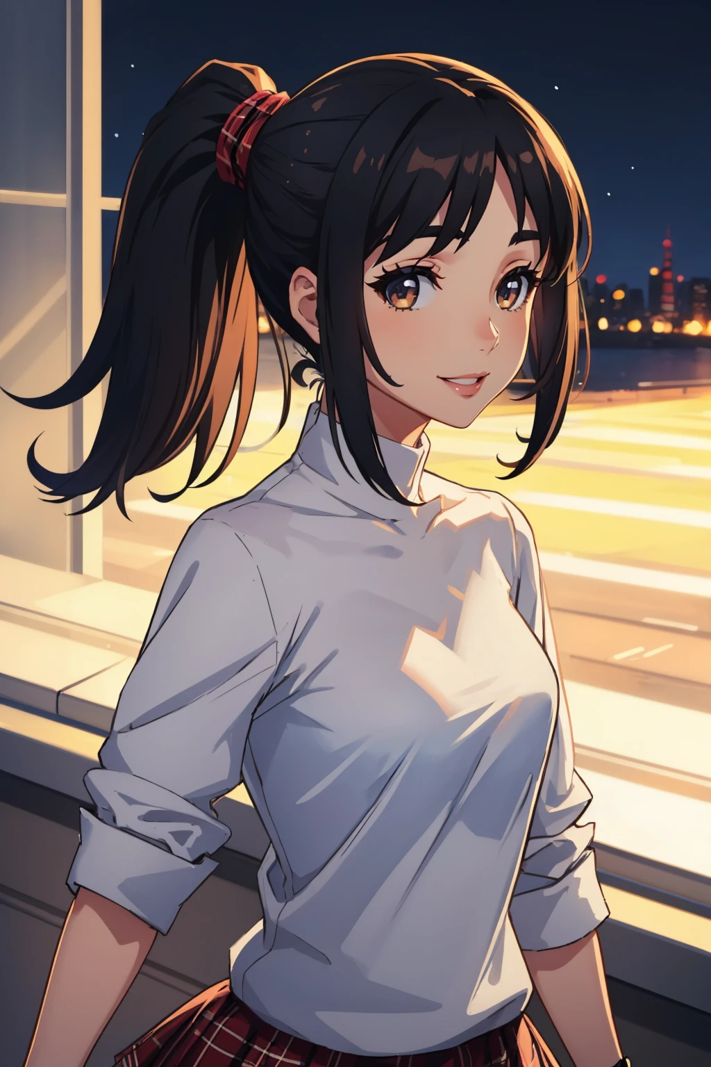 masterpiece, best quality, <lora:zs_Shiho:1> shihop5, black hair, ponytail, shirt, plaid skirt, bike shorts, asymmetrical legwear, sneakers, cowboy shot, looking at viewer, smile, upper body, school