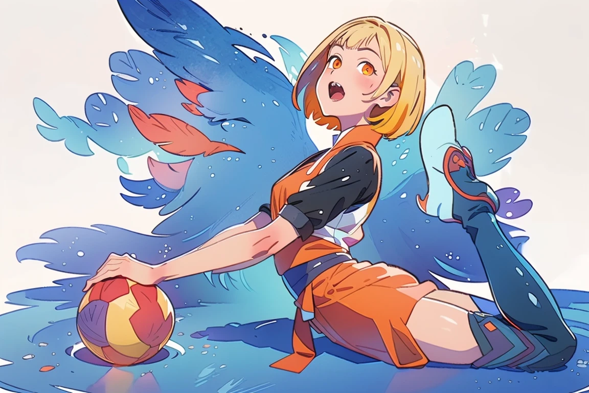 (masterpiece, best quality:1.2), highres, best illustration, 8k wallpaper, (Traditional Media), (2d:1.2), wide shot, (dynamic angle:1.1), outline, ((thick lineart)), cover, stylish, official art, (details:1.2), glow:0.2, shadow, (depth of field), sharp focus, (volumetric lighting), (bokeh:0.6), film grain:0.4, day, (soft lighting:1.1),( white background:1.4), Youukkoo, looking at viewer, short hair, open mouth, blonde hair, animal ears, upper body, orange eyes, fox ears, sharp teeth, orange kimono, full body, looking at viewer, <lora:Sengoku_Youko_00_01:0.5> style of yohhh <lora:Genjitsu_no_Yohane__Endcard_style_05_01:1>