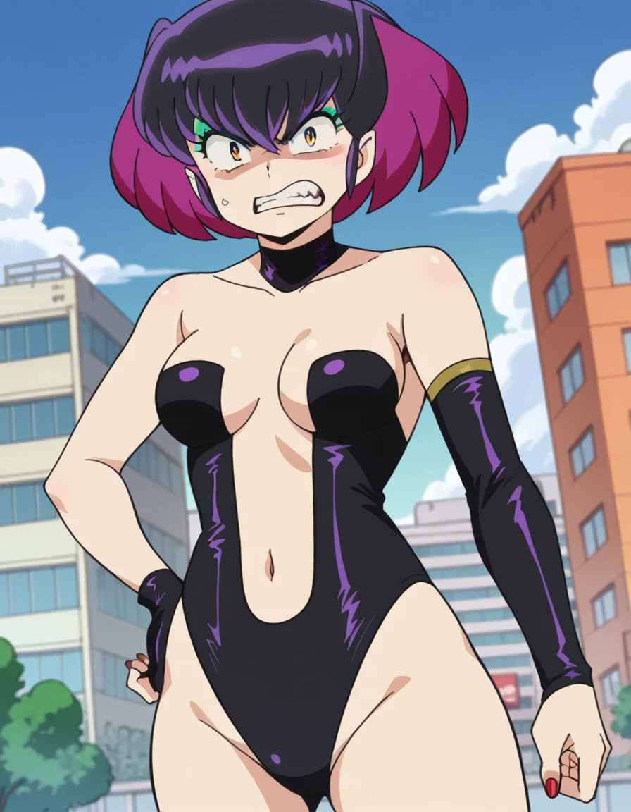 score_9, score_8_up, score_7_up, source_anime,
uruseikurama, <lora:urusei-kurama-ponyxl-lora-nochekaiser:1>,
kurama, short hair, black hair, yellow eyes, purple hair, multicolored hair, makeup, eyeshadow, angry, anger vein,
gloves, navel, elbow gloves, nail polish, leotard, black leotard, red nails, single glove, collarbone, bare shoulders, cleavage,
outdoors, cityscape,
looking at viewer, cowboy shot, dutch angle,