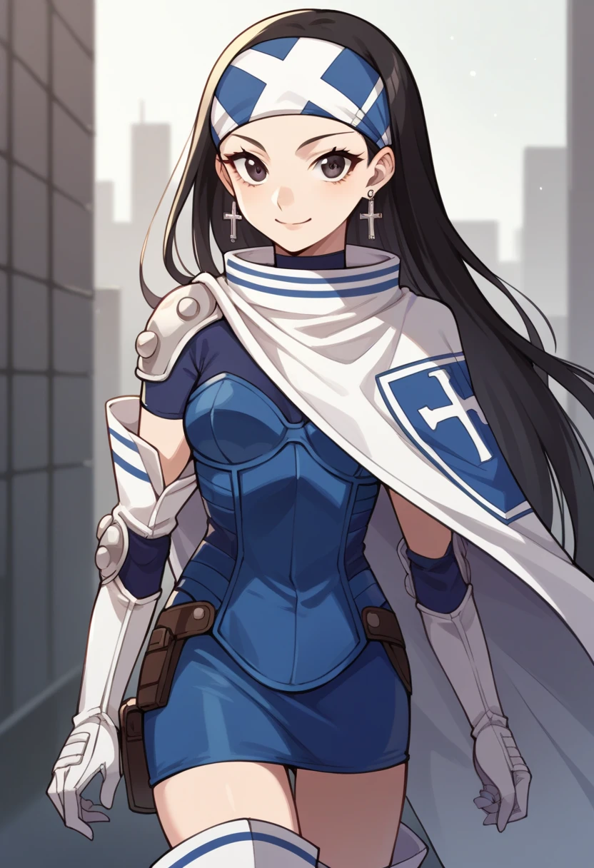 score_9, score_8_up, score_7_up, source_anime BREAK 1girl, solo,  <lora:zs_BethXL:1> bethsmtii, long hair, black hair, headband, bodysuit, skirt, cape, elbow gloves, thigh boots, cross earrings, post-apocalypse, city, looking at viewer, smile