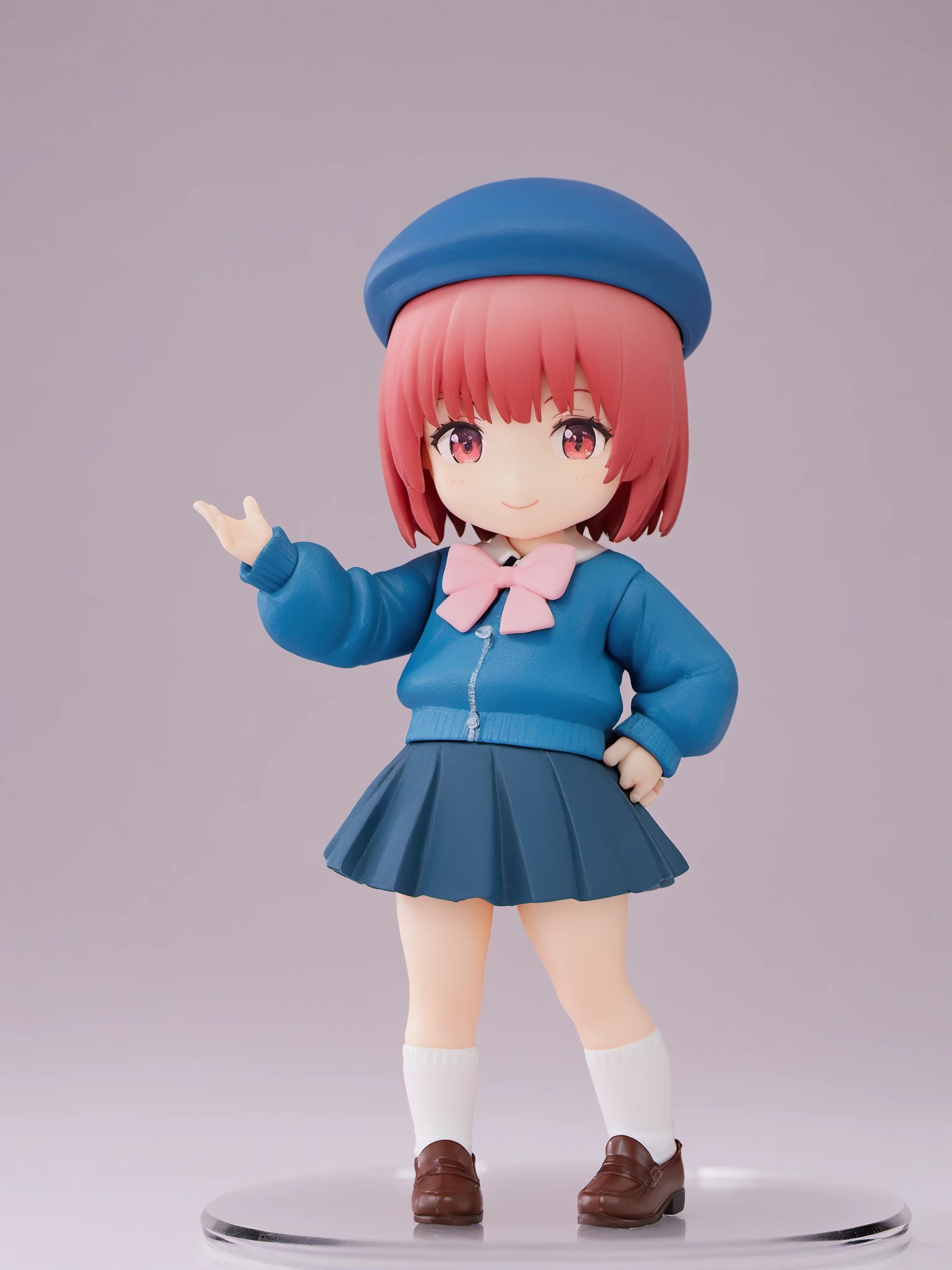 <lora:xl_figure style(kohaku_Delta)6:1>,figure style,photorealistic,photo \(medium\),1girl, solo, chibi, smile, skirt, hat, white background, bow, simple background, jacket, short hair, looking at viewer, long sleeves, white legwear, shoes, brown footwear, standing, hand on hip, bangs, blue headwear, full body, red eyes, pink eyes, pink bow, red hair, blue jacket, beret, bowtie, pink hair, closed mouth, socks, shirt, masterpiece,best quality,