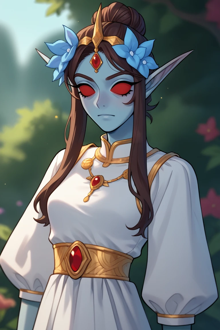 score_9, score_8_up, score_7_up, BREAK, 1girl, solo, breasts, <lora:azura-guy-PONYv1:.9>, azura, blue skin, no pupils, pointy ears, hair bun, hair ornament, dress,