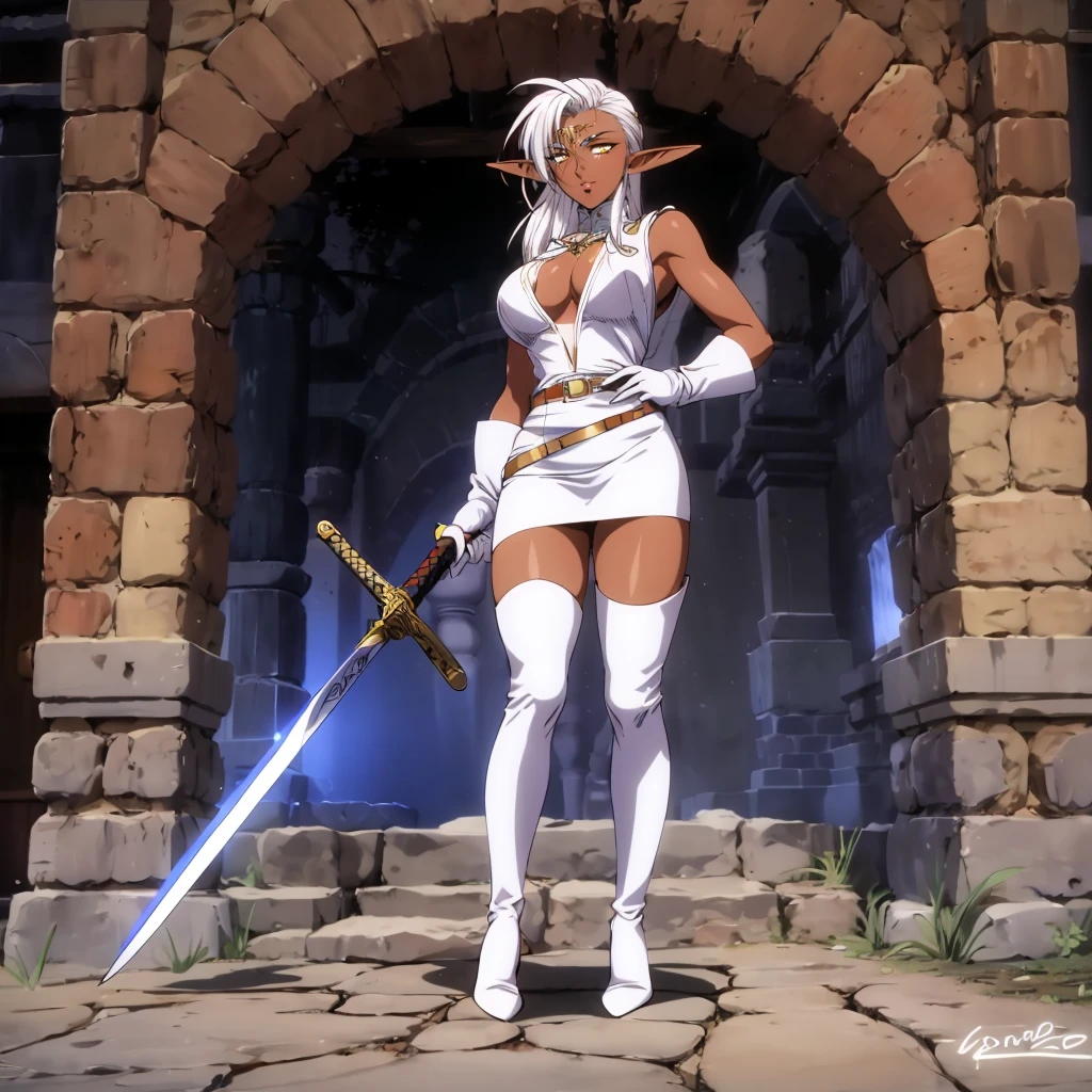 <lora:Pirotess003:0.7>,<lora:add_detail:0.5>,<lora:noline:0.3>,<lora:boldline:-0.3>,
solo,
Pirotess,1girl,elf,long hair,white hair,circlet,yellow eyes,dark skin,1990s (style),
cleavage,breasts,turtleneck,center opening,white dress,short dress,sleeveless,
belt,skirt,
white gloves,
zettai ryouiki,thigh boots,high heels,
sword,weapon,
sheath,
nature,
full body,