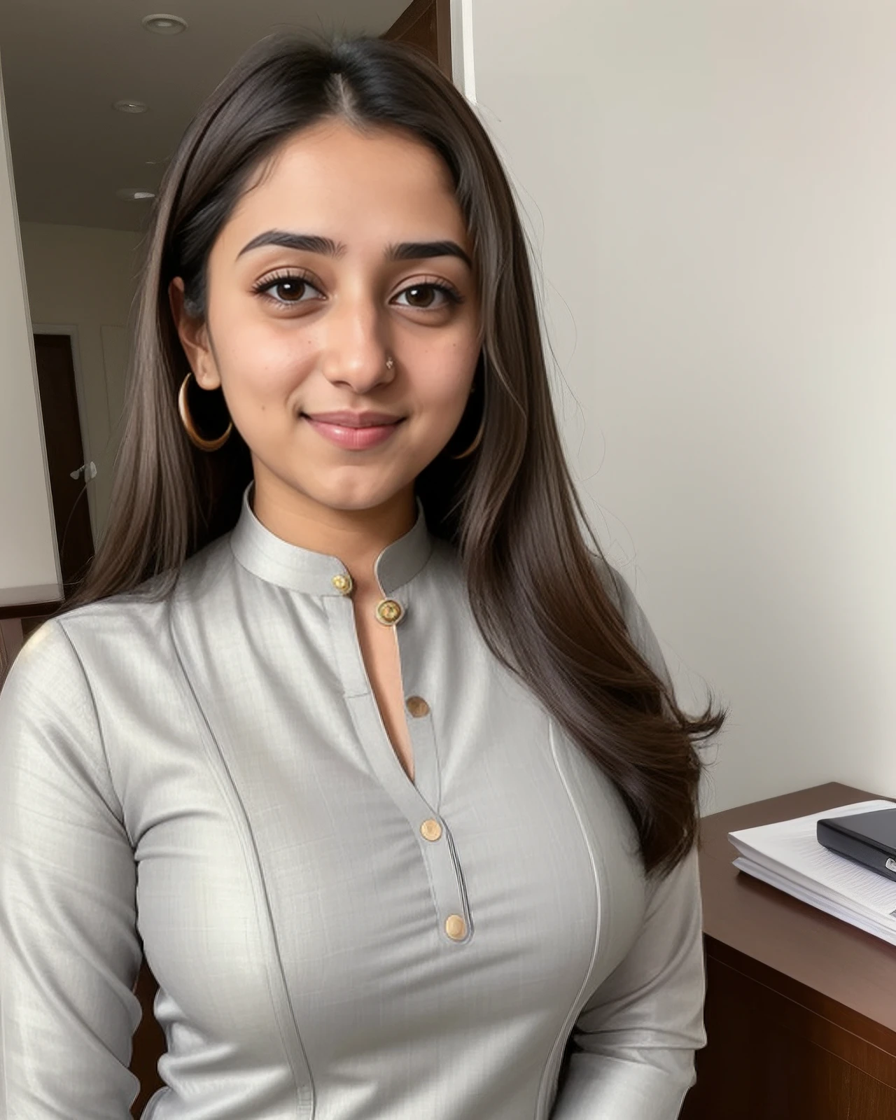 a photo of a cute 30-year-old woman, dglattev2_TI, professional portrait photo,Nose scrunch of amusement look on face, high neck Grey Pants_kurta, high ponytail and bangs, soft lighting, solo, background of Police Station