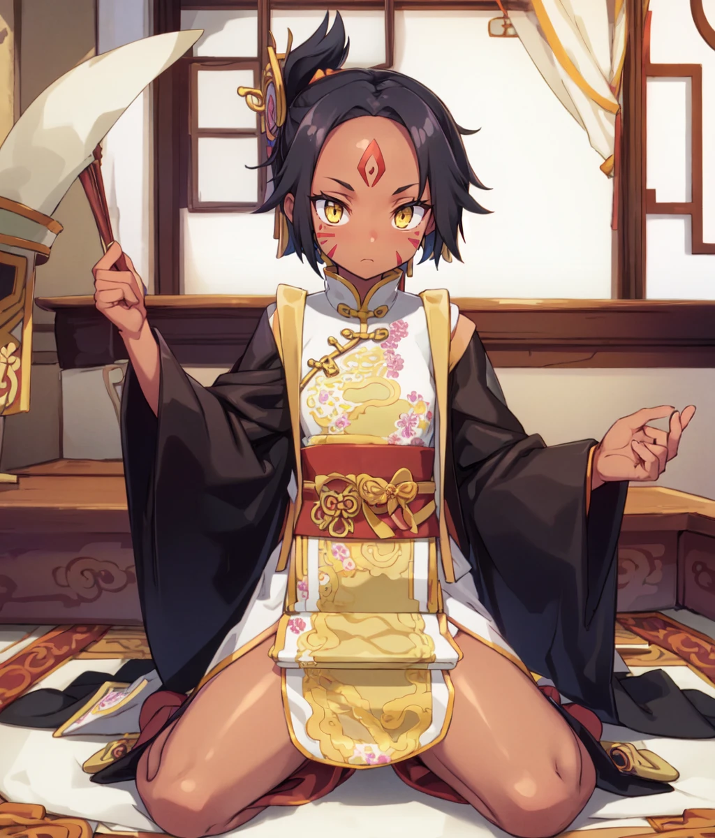 solo, dark skin, black hair, 1girl, yellow eyes, white background, looking at viewer, dark-skinned female, forehead mark, short hair, robe, facial mark, long sleeves, indoors, chinese palace, full body <lora:doushi SB:0.8>