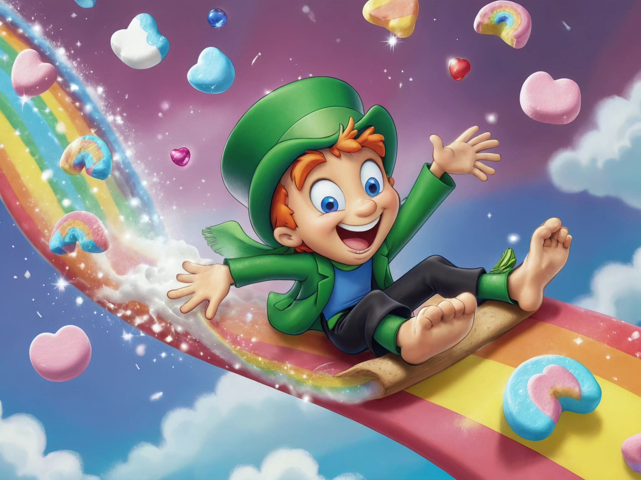 An epic photo of Lucky the Leprecaun sliding down a rainbow with colorful marshmallow charms and sparkles.  <lora:Lucky-Charms-XL-v1-000015:0.7>