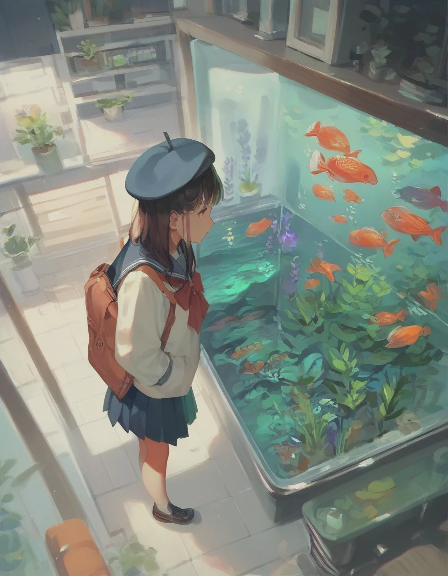 score_9, score_8_up, score_7_up, score_6_up, score_5_up, score_4_up, a girl walking in aquarium, school uniform, from side, looking at viewer, beret, from above,
<lora:ra_style_xl_v4:.8>