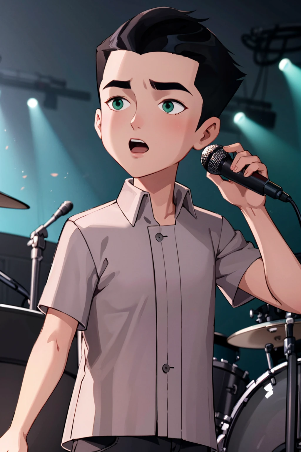 masterpiece,best quality,Grayson,1boy,solo,male child,grey shirt,buttons,short hair,black hair,green eyes,holding a microphone, hand on microphone,singing