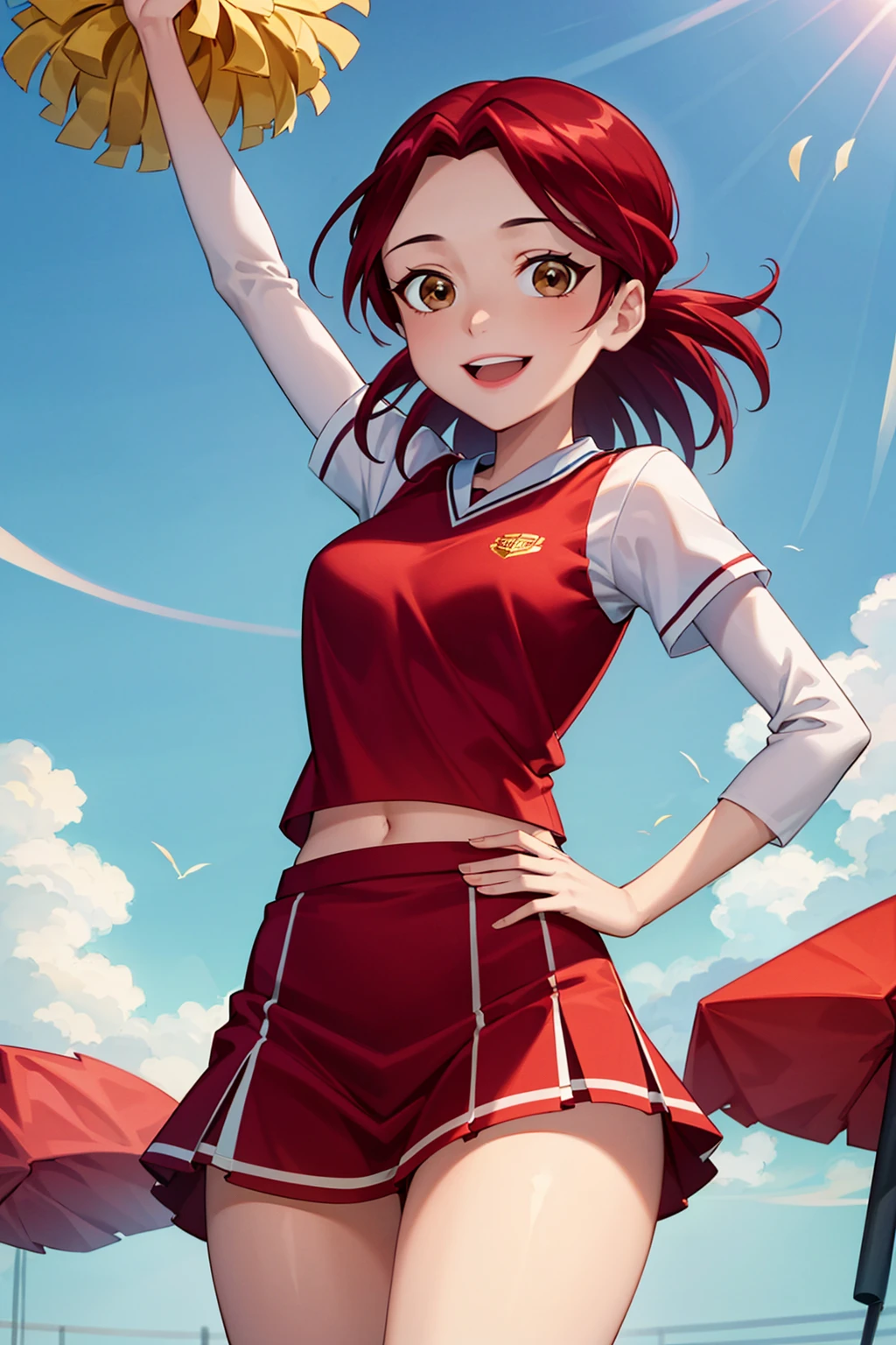 8k,highres, masterpiece,best quality,wearing, cheerleader outfit, red and white uniform, blue sky, waving pom-poms, winking, smiling,barbaragordon,solo,brown eyes