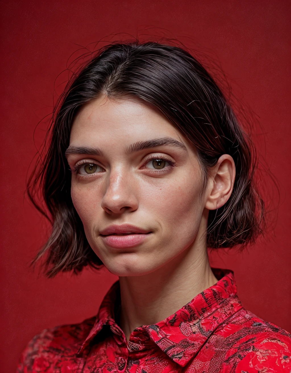 analog film photo ((light theme)), <lora:[US]_-_Mackenzie_Dern_NR:1> mt-mackenziedern, solo, (looking at viewer), smile, realistic lighting, asymmetrical bob cut hair, (detailed skin), (detailed face), smiling, ((button up shirt and maxi skirt)), (simple dark red background:1.5), 
BREAK
masterpiece, best quality, ultra-detailed, ultra high res, (photorealistic:1.4), raw photo, (realistic:0.2), 8k HDR, 1girl, bokeh, f1.4, 40mm, photorealistic, raw, 8k, textured skin, skin pores, intricate details, 
BREAK
<lora:PAseer-SD15-LCM Quick:1> <lora:epiCRealismHelper:.8> <lora:add_detail:0.8> <lora:DStyle_-_Photography_Style:.6> dstyle     . faded film, desaturated, 35mm photo, grainy, vignette, vintage, Kodachrome, Lomography, stained, highly detailed, found footage