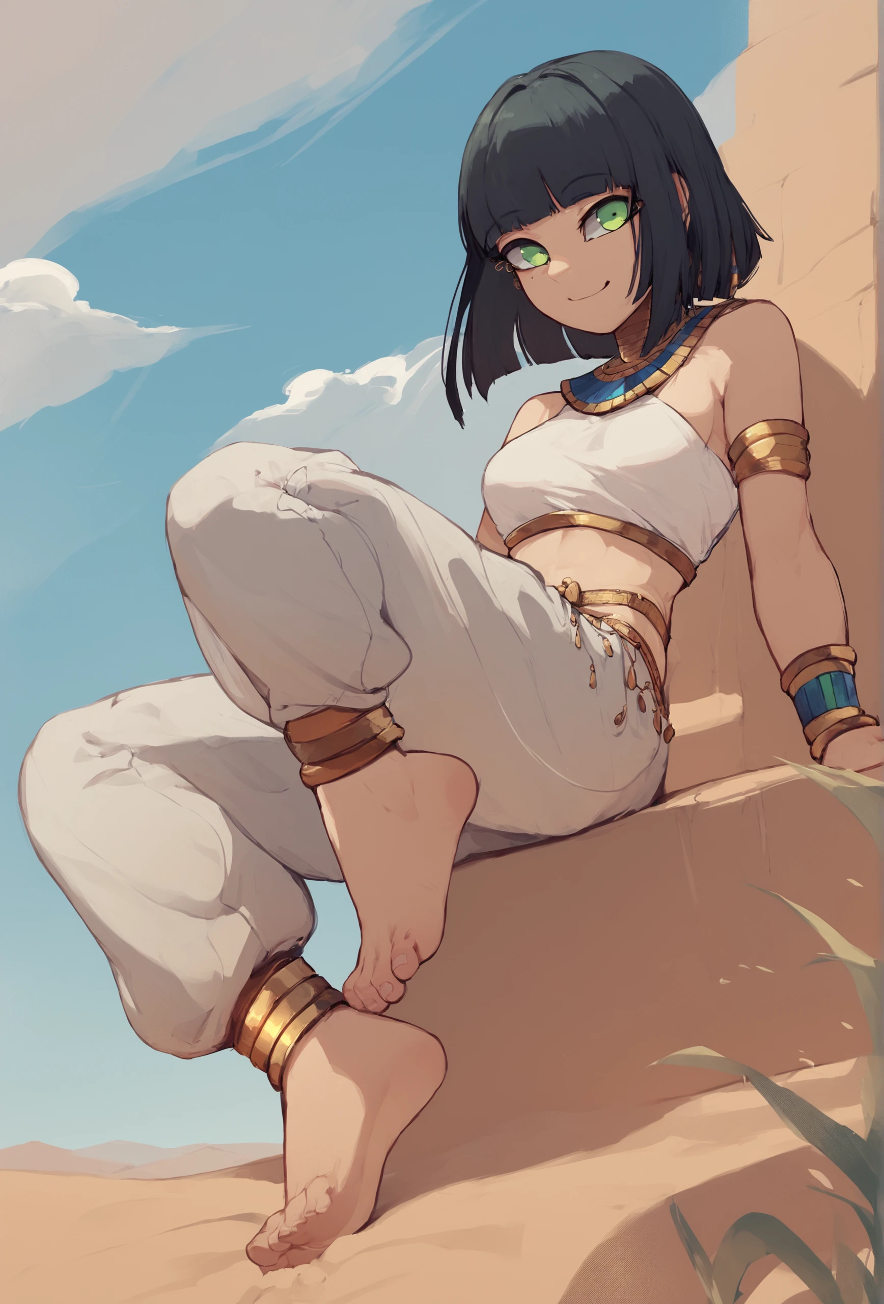 score_9, score_8_up, score_7_up, score_6_up, score_5_up, score_4_up ,outdoor, desert, sand, blue sky, cloud, egypt BREAK
<lora:k-rha_ponyxl_v1:1> 1girl, solo, barefoot, feet, medium breasts, harem pants, white shirt, hair intakes, bangs, inverted bob, smile, green eyes,