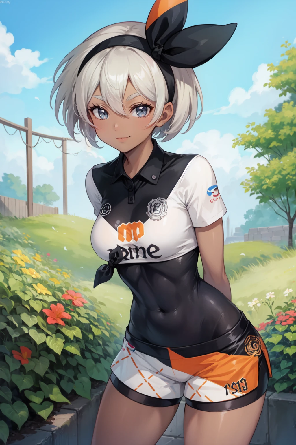 (best quality, ultra detailed), (detailed background:1.2), (perfect face, detailed face), looking at viewer, (mature female:1.4), smile
<lora:bea-10:1> bea, short hair, hairband, dark skin, dark-skinend female, black hairband, hair between eyes, bow hairband, shirt, short sleeves, bodysuit, black bodysuit, shorts, gloves, bodysuit under clothes, collared shirt
(outdoors, garden, standing, leaning forward, arms behind back, )