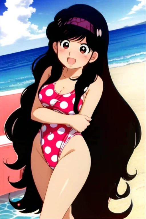 <lora:ell v3:0.8>,<lora:add_detail:0.5>,<lora:boldline:-0.3>,<lora:noline:0.3>,anime screencap,solo,ell v3,
long hair, black hair, black eyes, shiny glossy hair, wavy hair, waist-length hair, polka-dot hair band on pink background, large breasts, swimsuits, Racing-style swimsuit, (black Racing-style swimsuit:1.4),
 (smile, embarrass, blush, shy:1.4), (indoors, school, sun, sky), standing,