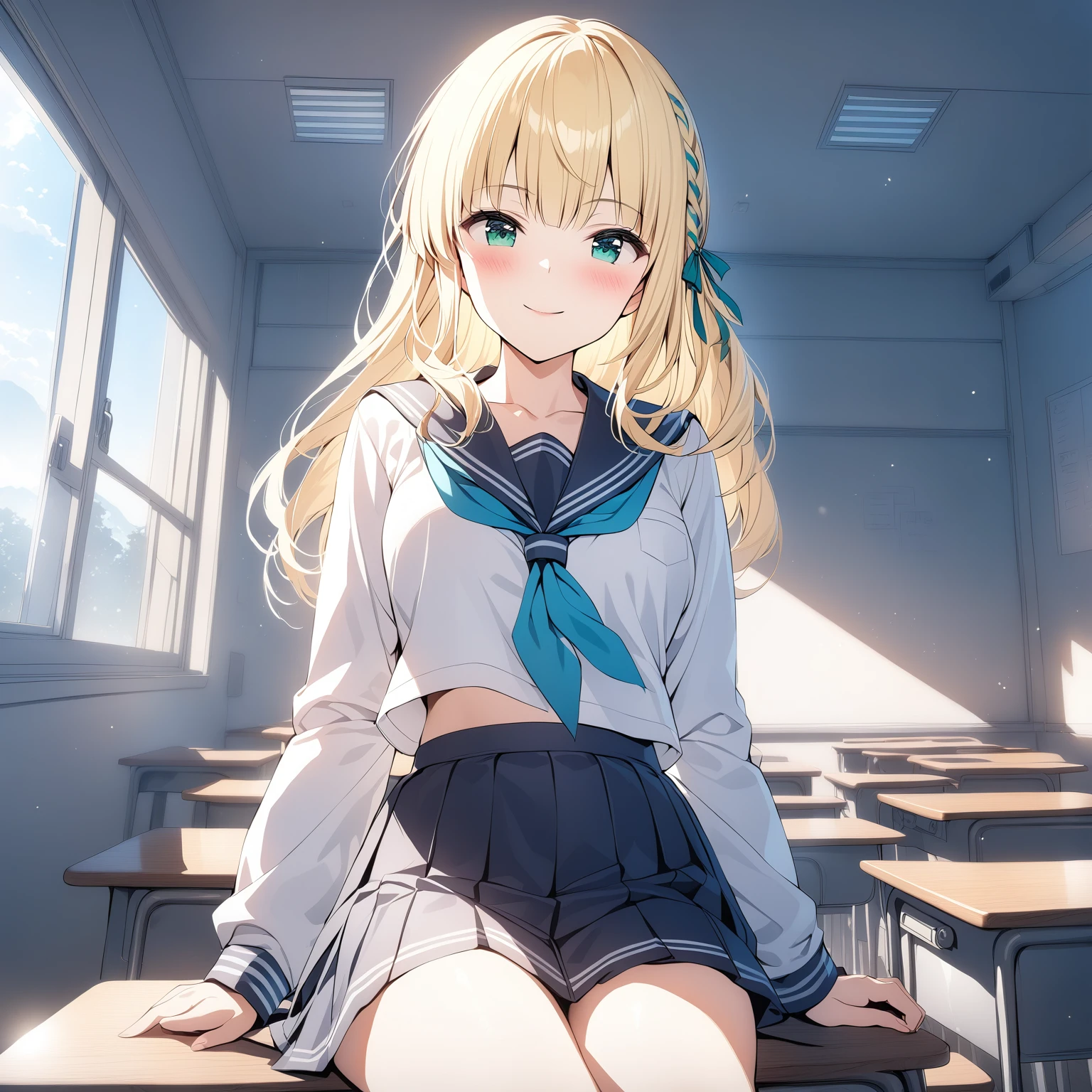 [high quality, best quality], [cinematic], 1girl, solo, ichinose rei, ribbon braid, serafuku, sitting on desk, smile, blush, classroom, [bloom, hdr], <lora:rei:0.72>