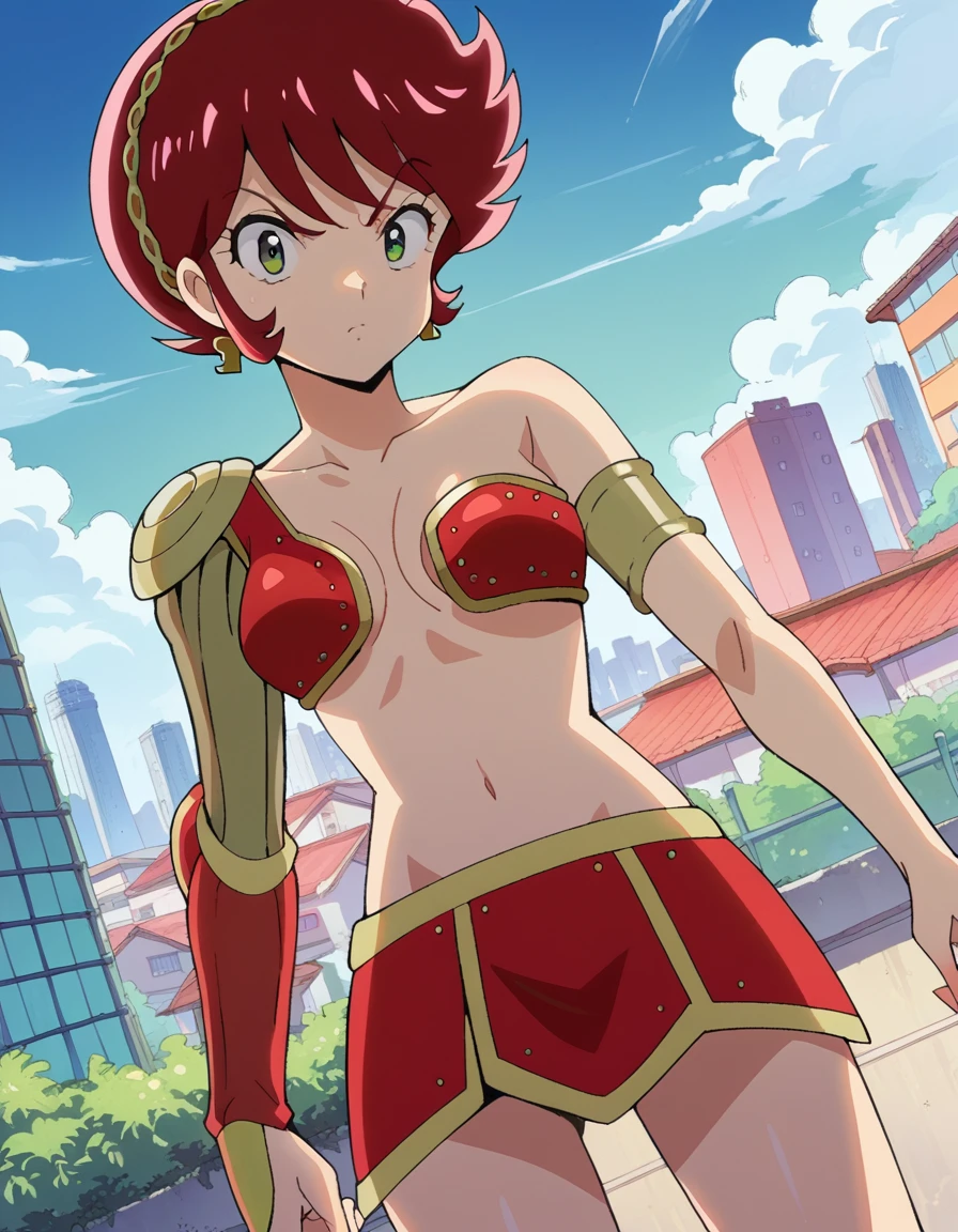 score_9, score_8_up, score_7_up, source_anime,
uruseiyatsurabenten, <lora:urusei-benten-ponyxl-lora-nochekaiser:1>,
benten, short hair, green eyes, red hair, hairband,
armor, bikini armor,
outdoors, cityscape,
looking at viewer, cowboy shot, dutch angle,