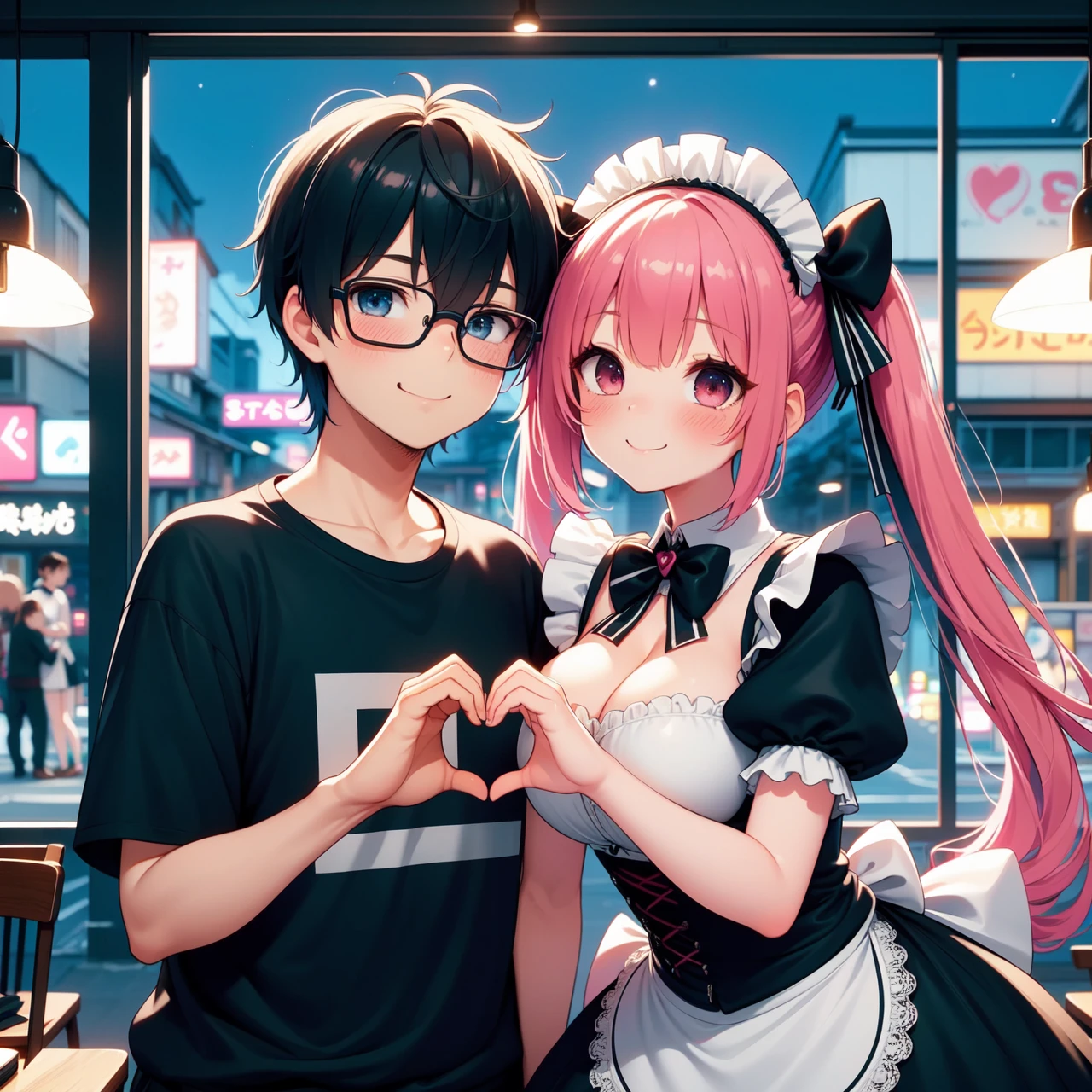 (((masterpiece))), (((best quality))), (((heads together))), (((maid cafe))), ((heart hands duo)), ((a girl in gothic costume)), (stockings), (bowtie), (foods on table), (a boy in t-shirt and black-framed eyewear), indoor, windows, reflection, second floors, colorful signs in akihabara, twintails, longhair, shy, blush, smile, (cleavage), ((big tits)), slim figure, (neon lights), ((night)),<lora:girllikehearthandsduo:0.9>