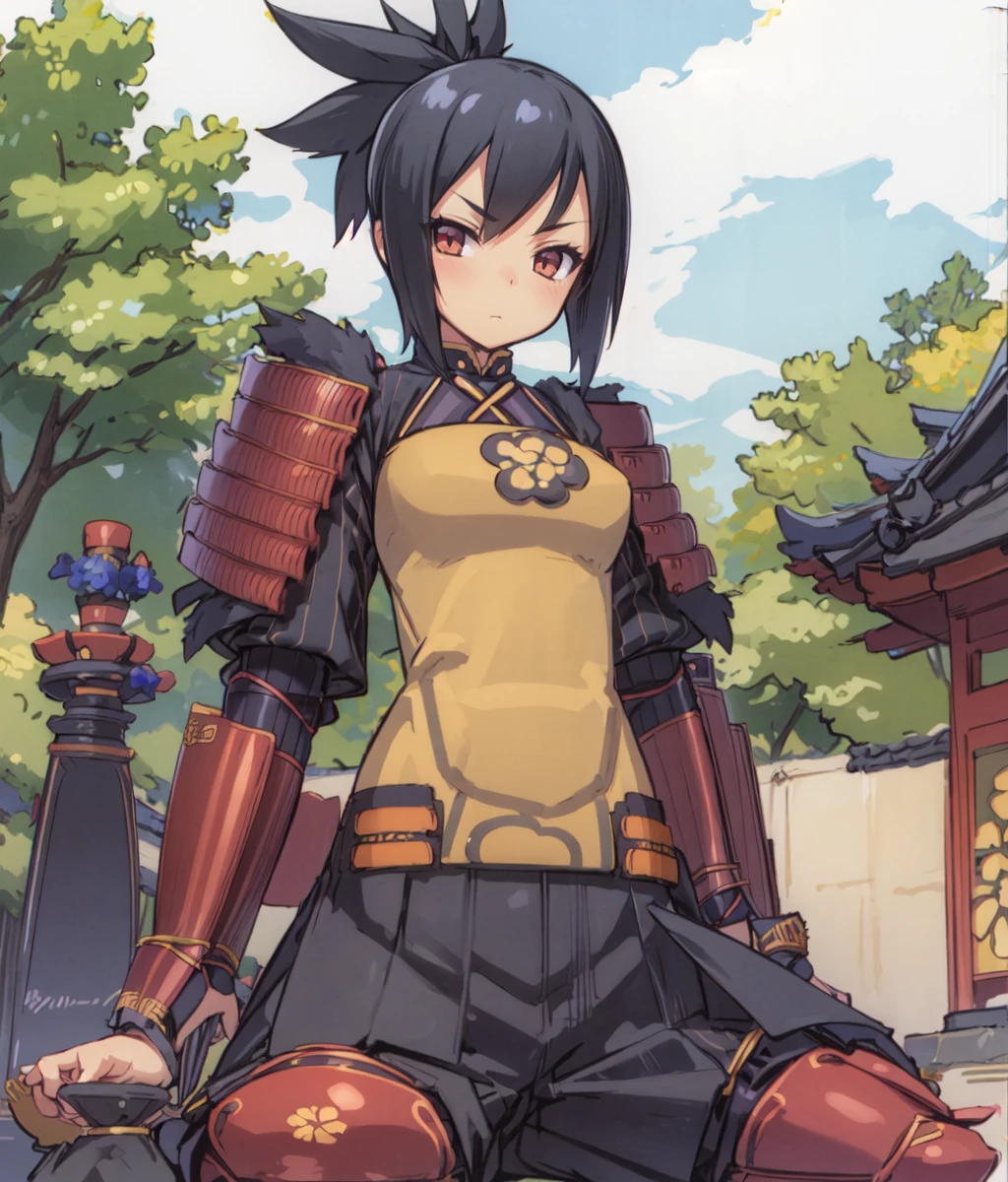 masterpiece, 1girl, solo, armor, weapon, sword, japanese armor, black hair, katana, samurai, red eyes, kote, short hair, shoulder armor, full body, ponytail, sheath, gloves, puffy pants, standing, sode, outdoors, cowboy shot, ((sitting)), from below, japanese shrine <lora:Samurai SB:0.8>