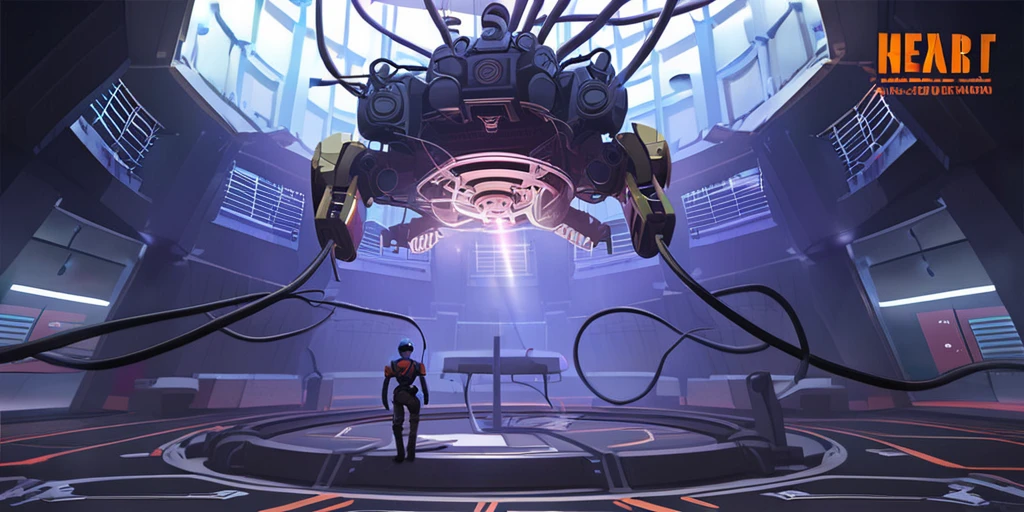 science fiction,1girl,solo,1boy,standing,from behind,helmet,robot,scenery,1other,machinery,cable