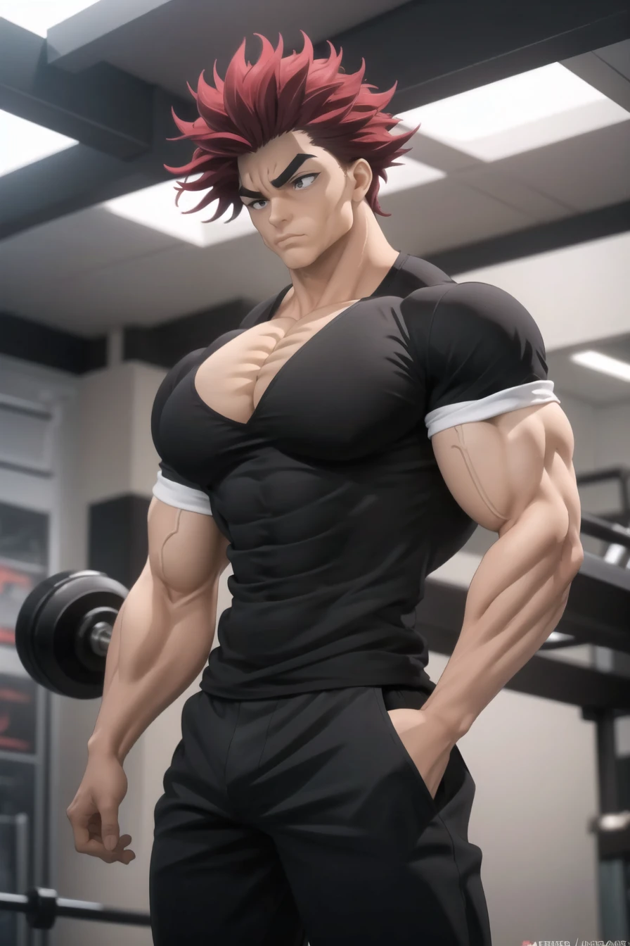 (masterpiece),best quality,<lora:YujiroV1.0:0.95>,solo,1boy,abs,biceps,large pectorals,male focus,manly,muscular,muscular male,pectorals,red hair,spiked hair,(black shirt:1.2),black pants,