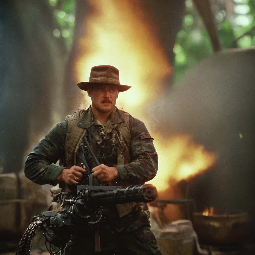 cinematic film still of <lora:Handheld M134 Minigun:1>
Handheld M134 Minigun a man in a hat and a backpack is blowing out a fire with a Handheld M134 Minigun,Handheld M134 Minigun style,solo,black hair,1boy,hat,male focus,outdoors,torn clothes
, shallow depth of field, vignette, highly detailed, high budget, bokeh, cinemascope, moody, epic, gorgeous, film grain, grainy