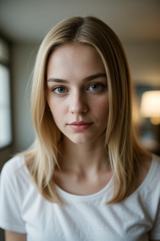 young woman, blonde hair, blue eyes, white t-shirt, indoor, direct gaze, frontal view, medium shot, soft focus background, dark room, casual style, natural makeup, single portrait, serious expression, floor lamp, messy background epicphoto