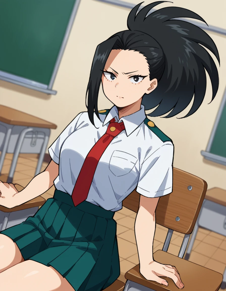 score_9, score_8_up, score_7_up, source_anime,
yaoyorozumomo, <lora:momo-yaoyorozu-ponyxl-lora-nochekaiser:1>,
yaoyorozu momo, long hair, bangs, black hair, ponytail, black eyes, high ponytail, wide ponytail,
skirt, shirt, school uniform, white shirt, short sleeves, pleated skirt, necktie, collared shirt, red necktie, green skirt, u.a. school uniform,
indoors, classroom, sitting, desk, chair,
looking at viewer, cowboy shot, dutch angle,
