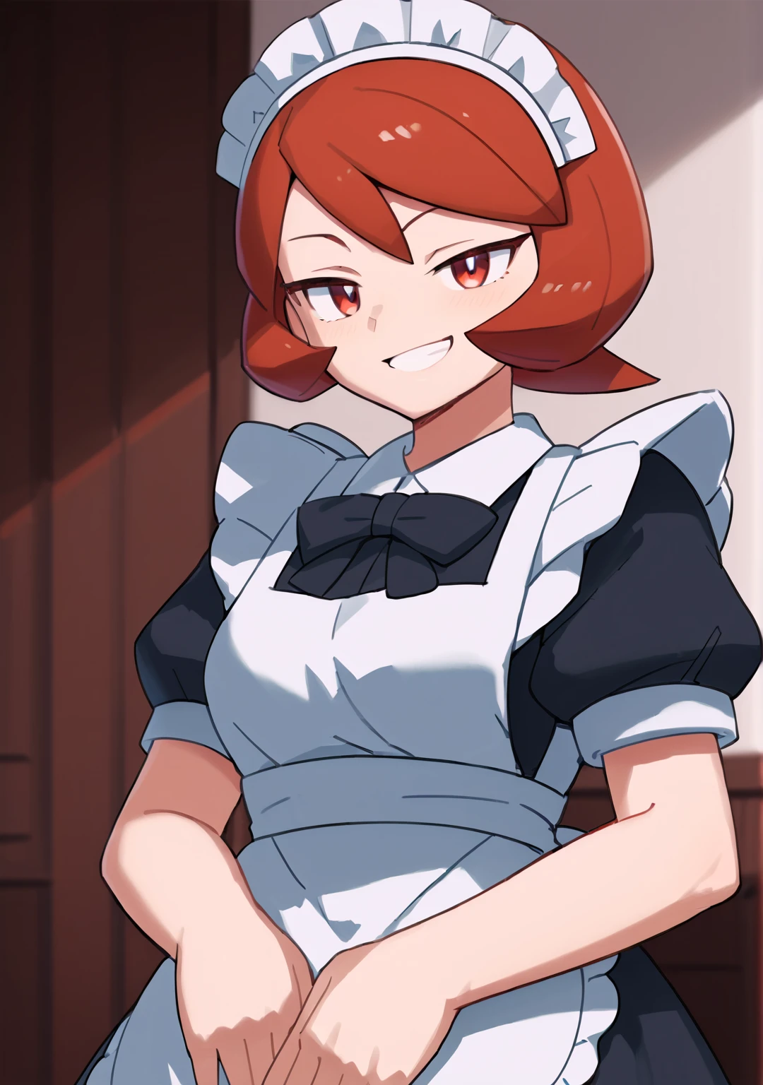 score_8_up, score_7_up, score_6_up, score_5_up, score_4_up, anime screenshot
<lora:abmayoPDXL:1> 
<lora:Arezu (Autism SDXL)-000009:0.8> 1girl, solo, arezu_(pokemon), short_hair, red_hair, red_eyes, (cowlick:1.1)
maid, maid headdress, maid apron, grin