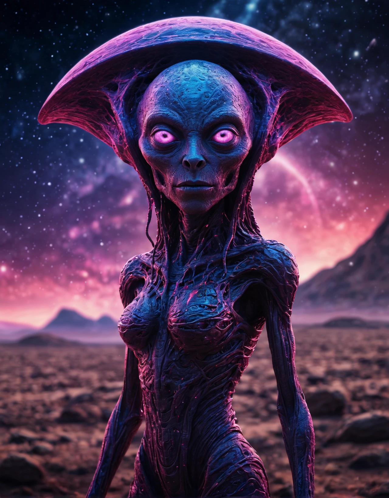 breathtaking epic artwork of an enigmatic alien from an unknown habitable planet. Vivid colors and intricate details surround this cosmic presence, mesmerizing with its futuristic design. Brace for an extraordinary journey through the stars, exploring the wonders of this rare and detailed extraterrestrial being. Let your imagination soar beyond the known universe