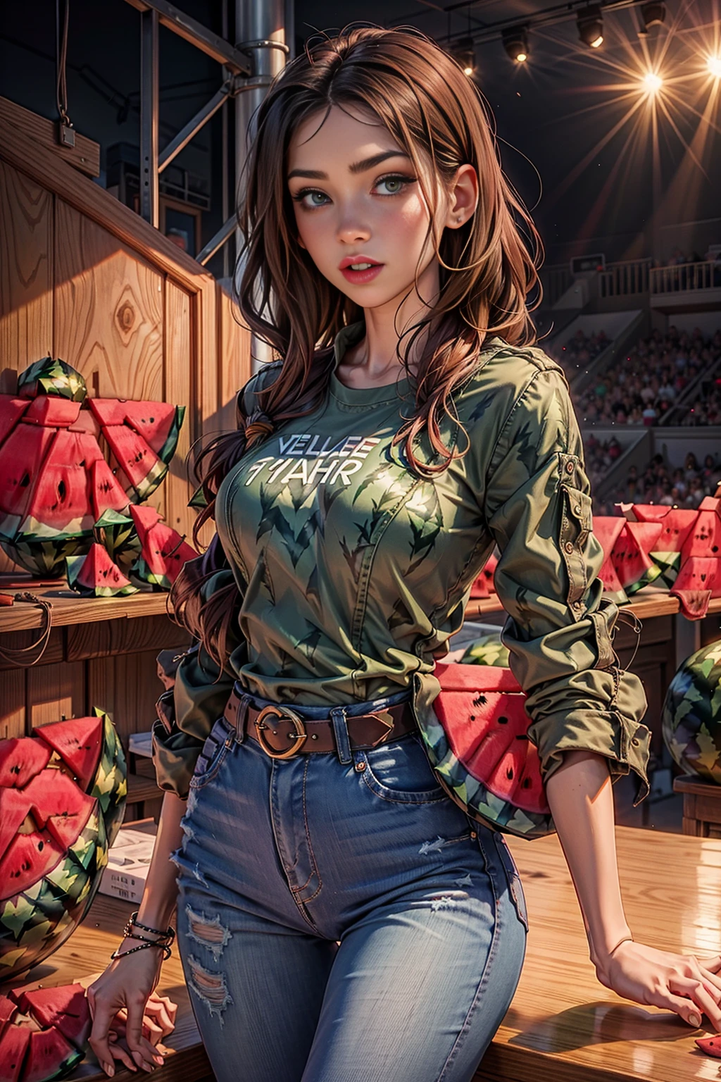 <lora:WatermelonWorld:1> WatermelonWorld 1woman (sexy skinny brunette:1.2) (shirt and jeans:1.1) (rock concert:1.4)