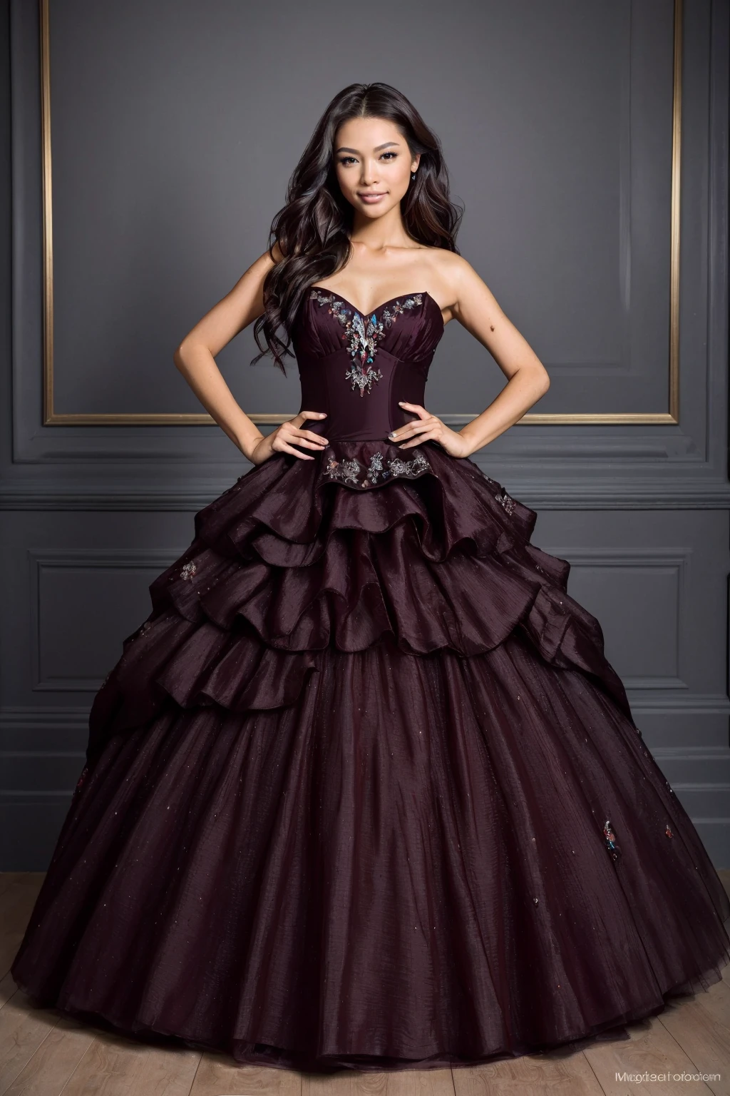 ((Masterpiece, best quality, edgQuality,ultra realistic)),(smile:0.8),looking at viewer,dark hair
edgMal_woman,edgMal_face,edgMal_body,hands on hip,legs
<lora:edgMalaysianDollLikenessv1:1>
<lora:edgBallgown_MINI:0.8> ballgown, wearing a ballgown