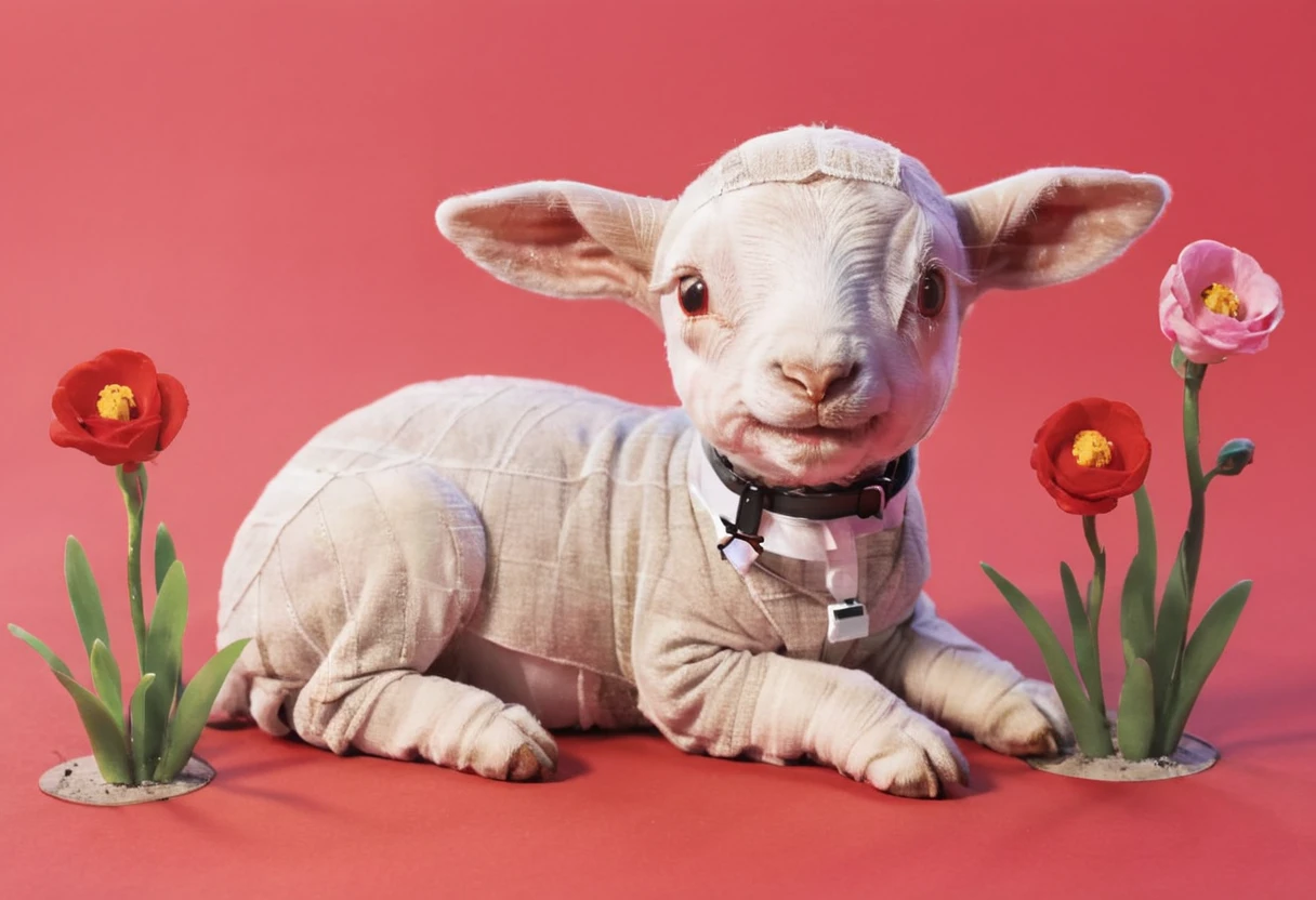 cute cartoon character, lamb enjoying springtime flowers, red palette, lynch style <lora:lynchstyle_v0.0.3:1.4>