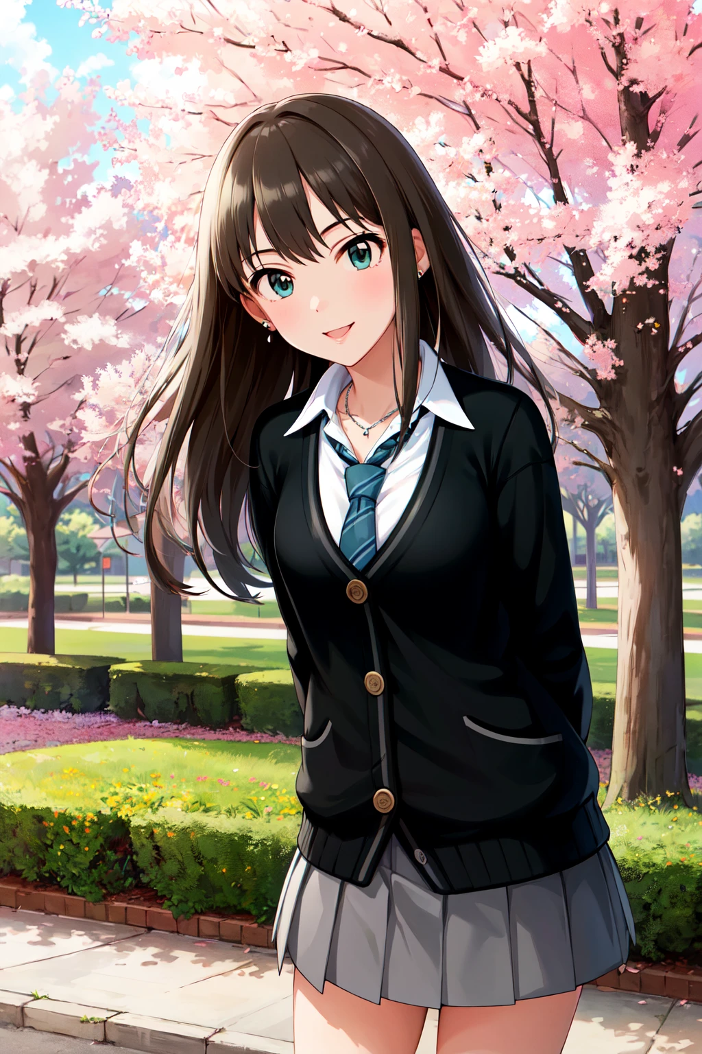 masterpiece, best quality, highres, aarin, long hair, earrings, necklace, school uniform, necktie, collared shirt, black cardigan, long sleeves, pleated skirt, grey skirt, <lora:shibuya_rin_v1:0.7>, smile, arms behind back, cherry blossoms, standing, cowboy shot, outdoors, leaning forward,