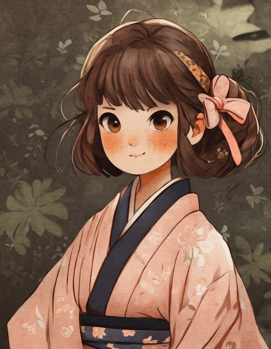 nelli_artstyle, <lora:Nelli_Art_Style:1>,
1girl, solo, japanese clothes, kimono, brown hair, blush, floral print, sash, bangs, brown eyes, upper body, obi, closed mouth, ribbon, hair ribbon