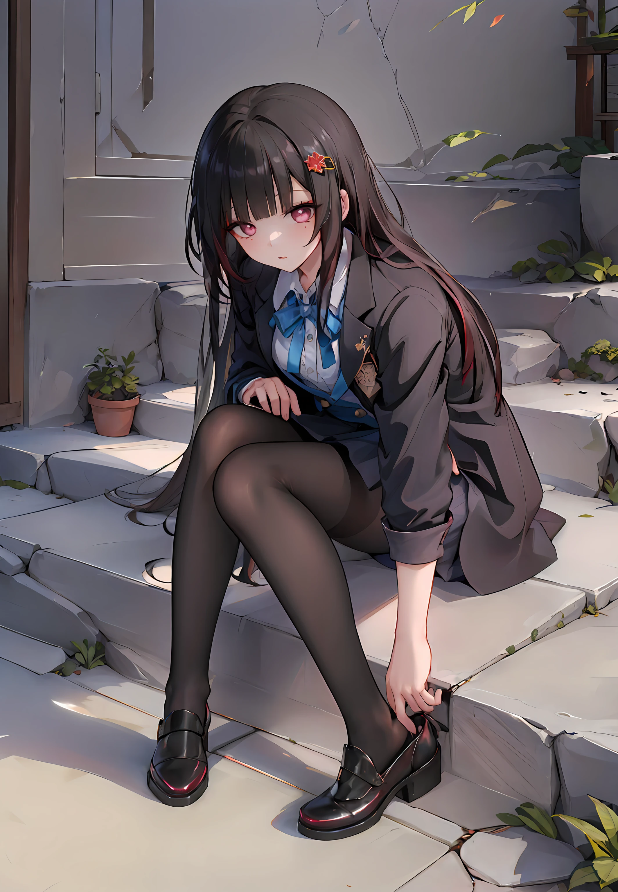 ((masterpiece,best quality)), 1girl, sparklehsrpv, hairclip, open jacket, black pantyhose, adjusting_footwear, putting_on_shoes, sitting on stairs,