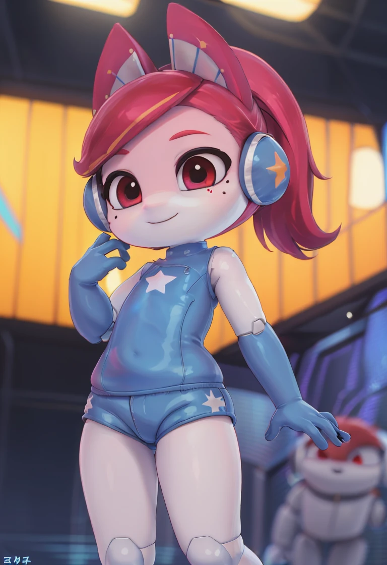 <lora:ai_one:0.9>ai_one , 1 girl  , red hair , animal ears  ,smile  , star (symbol) , red eyes , headphones  ponytail ,blue  body suit  ,  sleeveless ,blue shorts ,   white legs ,  mole under eye ,closed mouth ,android, joints