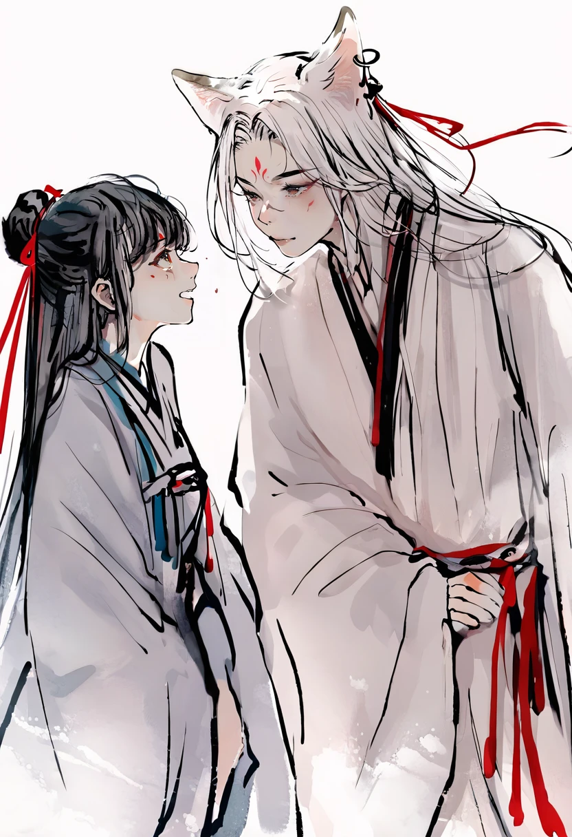 score_9, score_8_up, score_7_up, score_6_up, ink style, 1girl, hanfu, 1boy, long hair, ribbon, white background, animal ears, forehead mark, chinese clothes, long sleeves, simple background, hair bun, wide sleeves, facial mark, hair ribbon, looking at another, tassel, spot color, single hair bun, robe, bangs