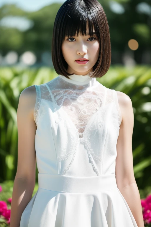 detailed,clear lines,best quality, master piece、Night parking、dark light、Canon Photo Crystal Clear ,（realistically:1.2）, (red and white border miniskirt dress)、action pose、Take a full body photo、A sloppy smile、Glamour body type、bob cut