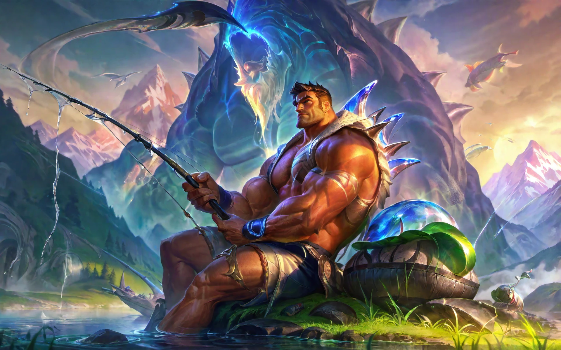 best aesthetic,lolsplashart,A muscular man sat fishing on the edge of a lake with lush grass on the shore,tall mountains behind him,a balmy breeze,the setting sun,<lora:bodybuilder:0.6>,