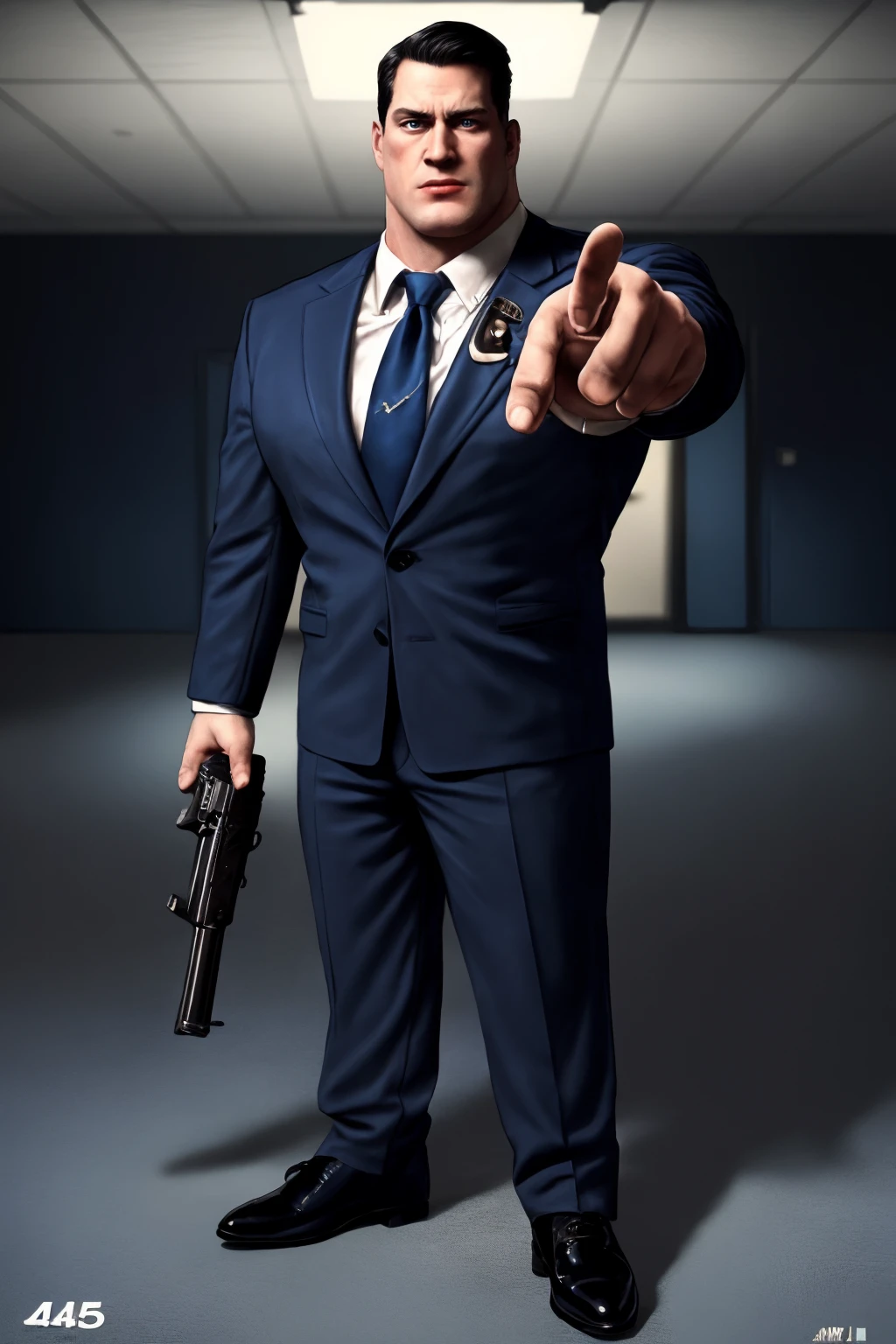 cinematic film still (best quality, masterpiece:1.2), photorealistic, ultra high res, front lighting, intricate detail, Exquisite details and textures, s1male, black hair, big chin, blue navy suit, black tie, black shoes, muscular, tall, blue eyes ,Stansmith, pointing a gun to the viewer, a 45mm gun<lora:EMS-179-EMS:0.700000>, <lora:EMS-325111-EMS:1.000000>