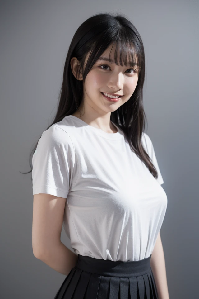 8K,masterpiece,Japanese,14-year-old girl,from the front,smile,cute,Innocent face,Innocent,Kind eyes,Childish,Plain T-shirt,Short sleeve,Shorts,semi-long,Hair blowing in the wind,Black Hair,Somewhat strong wind,noon,bright,M-shaped feet, (Large Breasts:1.2),(Emphasize the chest)