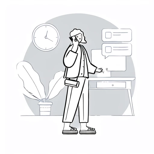 <lora:small_scene_illustration:1>,monochrome, solo, 1boy, greyscale, plant, clock, potted plant, sandals, male focus, pants, bag, hand in pocket, jacket, standing, long sleeves, lineart,outline, computer, desk