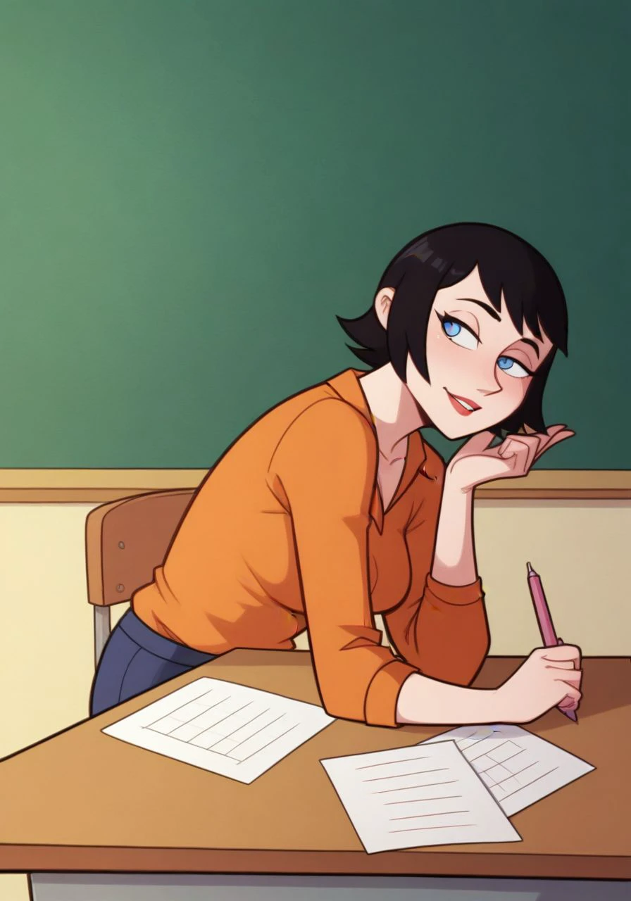 score_9, score_8_up, score_7_up, BREAK, 1girl, a teacher sits politely at her desk, teacher's desk, classroom, (chalkboard says "welcome class":1.5), <lora:ke4n3PPG:0.9> ke4n3PPG, short hair, black hair, hair bob, blue eyes,  <lora:indoorsXL_V1.0:1> bck