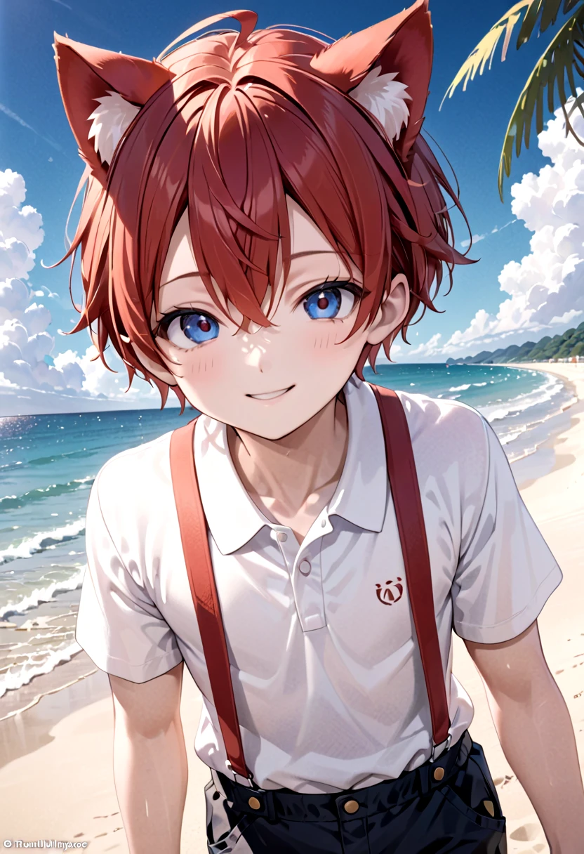 <lora:cacd-xl-base-2:0.6> ,(1boy:1.2), beach, smile, ( crimson cat ears:1.4), (red ears), male face, male body, more details in eyes, (very short hair:1.2), hair between eyes, cute, adorable boy, cute face, detailed face, handsome, young, juvenile, white skin, eyeshadow, crew cut, crimson hair, details sky, looking at viewer, blush, blue eyes, full shot, red suspenders, (pants), (white polo shirt), aki,
(masterpiece:1.2), best quality, high resolution, unity 8k wallpaper, (illustration:0.8), (beautiful detailed eyes:1.6), extremely detailed face, perfect lighting, extremely detailed CG, (perfect anatomy),