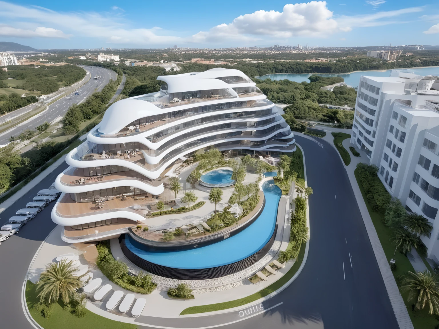 <lora:JJsHotelBuilding_XL:1>,((Hotel Building)) , ((best quality)),((masterpiece)),((realistic)),outdoors,sky,day, cloud, water, spray, no humans, building,  scenery, bush, reflection, city, sign, palm tree,cityscape, real world location, road, sidewalk,), glass,  ((curvy balcony)),