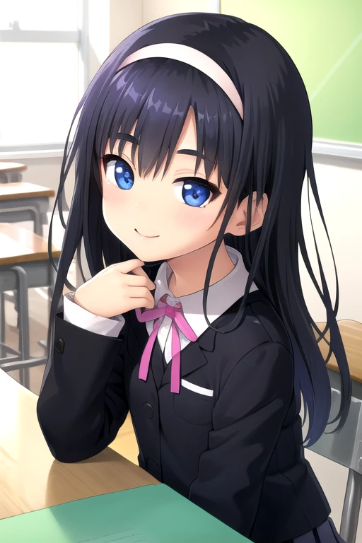 ((masterpiece)),(best quality),official art,extremely detailed CG,unity 8k wallpaper,ultra detailed,beautiful detailed eyes,extremely detailed face,classroom,1girl,solo,upper body,(portrait:1.5),looking at viewer,facing viewer,smile,(petite:1.3),Inagaki Sae,long hair,black hair,white hairband,sidelocks,bangs,blue eyes,school uniform,blazer,black jacket,pink ribbon,white shirt,collared shirt,sleeves past wrists,long sleeves,small breasts,black dress,pleated skirt,black socks,loafers,<lora:Inagaki Sae(sk)>,