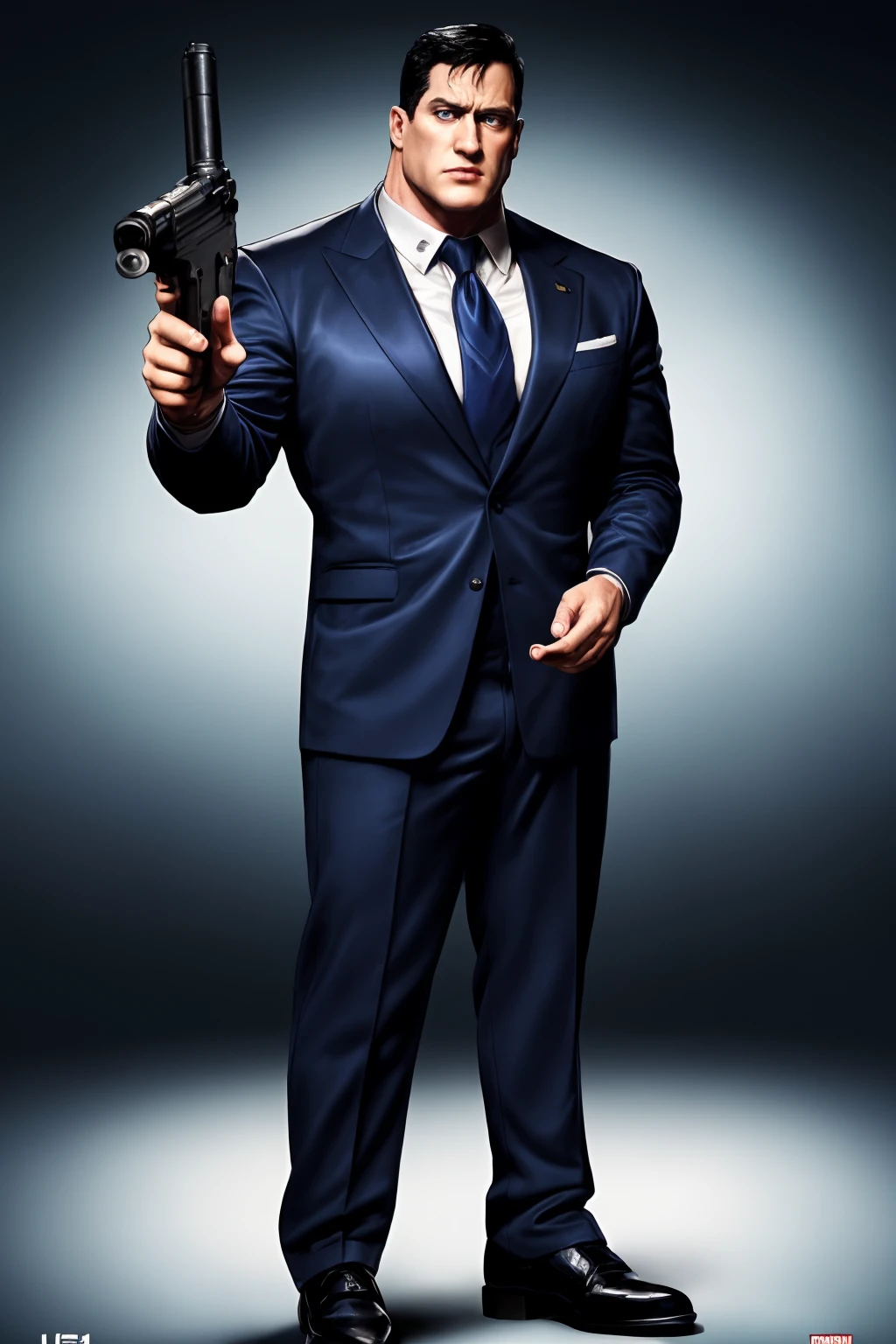 cinematic film still (best quality, masterpiece:1.2), photorealistic, ultra high res, front lighting, intricate detail, Exquisite details and textures, s1male, black hair, big chin, blue navy suit, black tie, black shoes, muscular, tall, blue eyes ,Stansmith, pointing a gun to the viewer with a 45mm gun<lora:EMS-179-EMS:0.700000>, <lora:EMS-325111-EMS:1.000000>