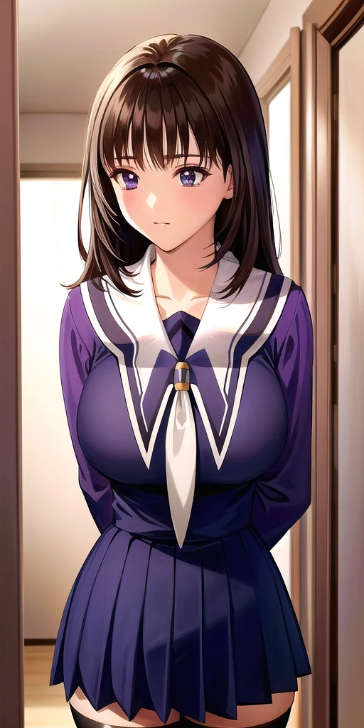 <lora:yoshizuki_ioriV6:0.6> yoshizuki_iori, huge_breasts,  standing, solo, School_uniform_Purple_shirt_Blue_skirt_White_neckerchief_Black_thighhighs, masterpiece, best_quality, detailed_face, detailed_eyes, highres, beautiful, detailed, absurdres,