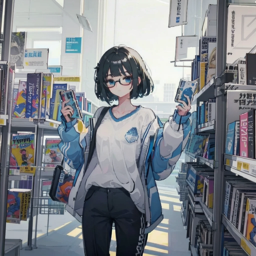 1girl,masterpiece,best quality,ultra detailed,solo,<lora:aki:1>,((library)),round_eyewear,
