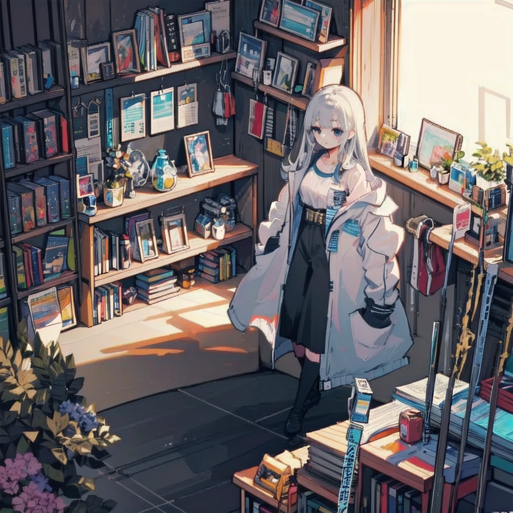 1girl,masterpiece,best quality,ultra detailed,solo,<lora:aki:1>,((library)),holding open_book,bookshelf,